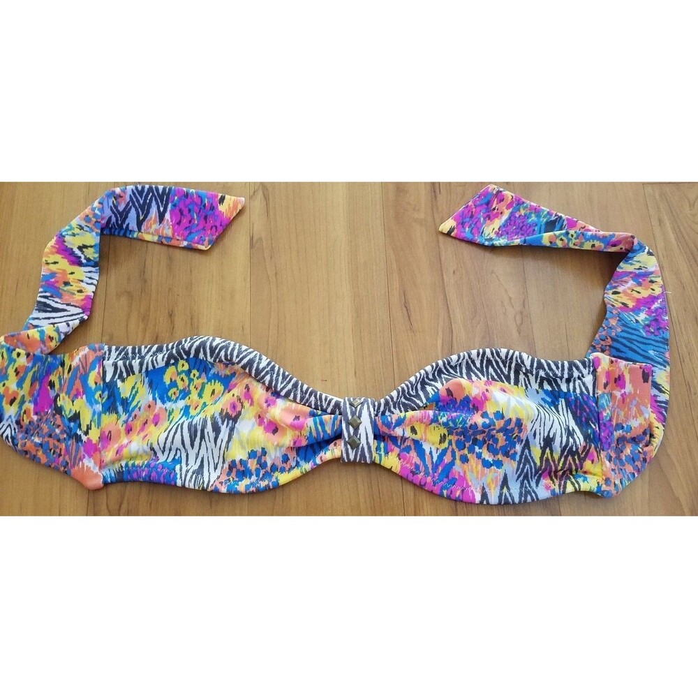 Raisins Womens Swim Bandeau Bikini Top Floral Zig Zag w Rivet Detail Sz S